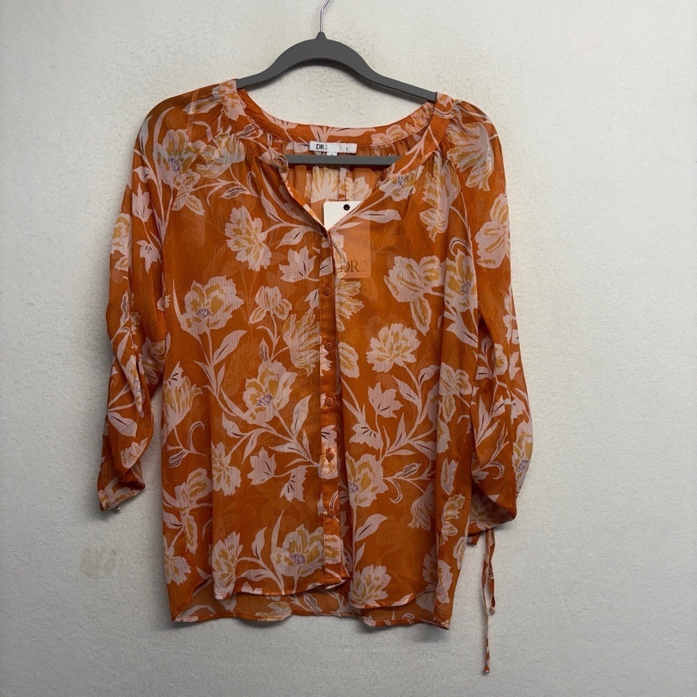 NWT DR2 Blouse Orange Sheer 3/4 Sleeve S Cinch‎ Sleeve